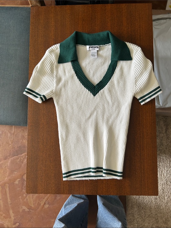 RSQ Tops - RSQ Cream Ribbed V-Neck Polo with Green Trim